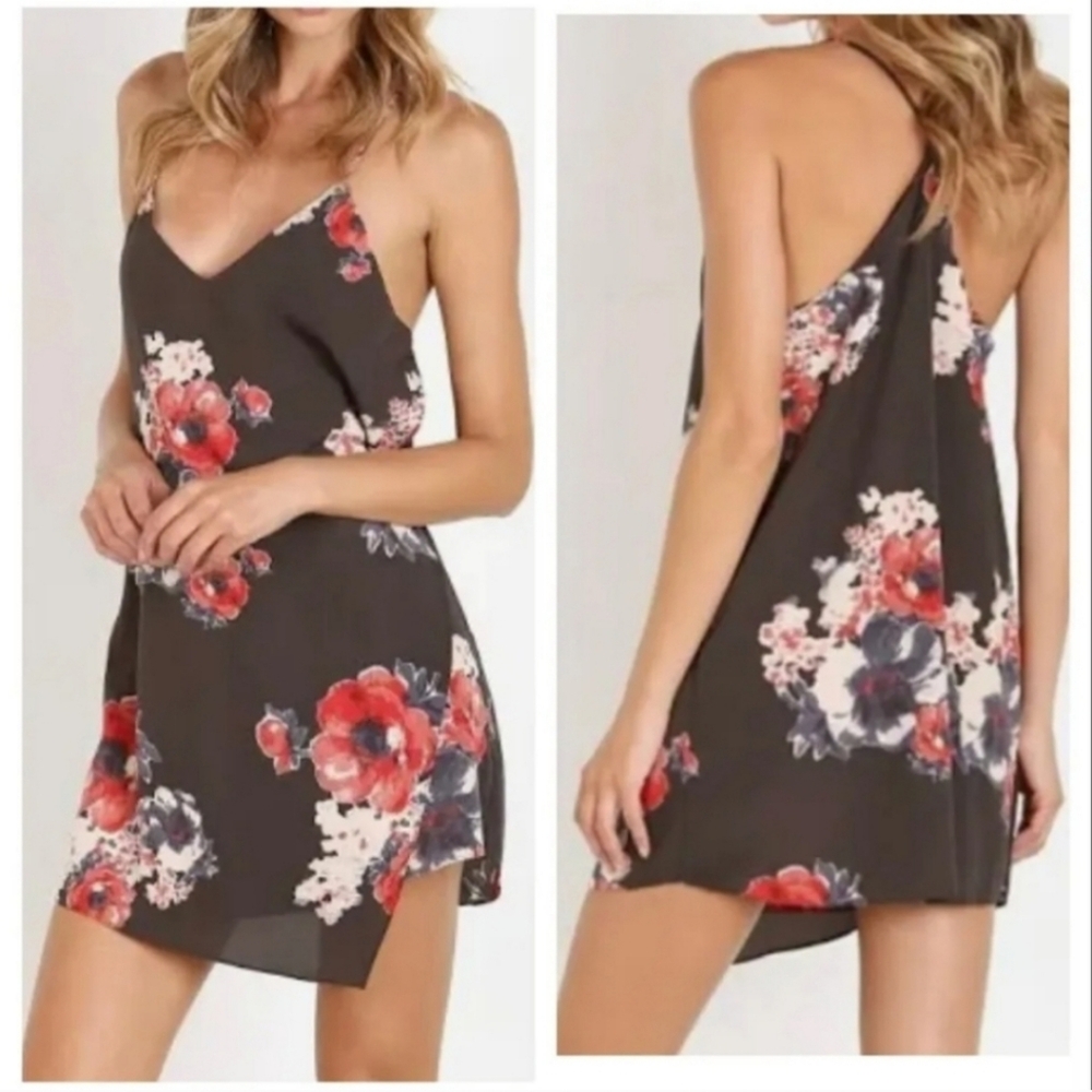 Free People Black Floral Mini Dress with Red & White Blooms